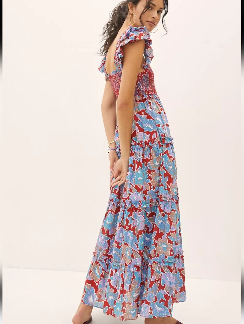 Anthropologie Bouquet Smocked Maxi Dress Red Purple Love The Label Cotton XS